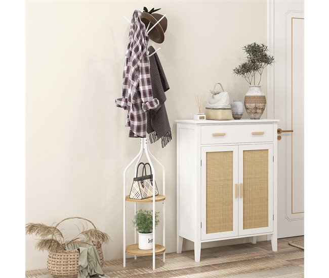 Conforama HOMCOM Perchero De Pie Con 2 Estantes Perchero Metálico De Pie Con 8 Ganchos Para Colgar Bolsas Ropa Forma De Árbol Para Pasillo Entrada Dormitorio Ø34x181 Cm Blanco