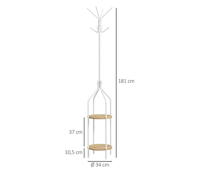 Conforama HOMCOM Perchero De Pie Con 2 Estantes Perchero Metálico De Pie Con 8 Ganchos Para Colgar Bolsas Ropa Forma De Árbol Para Pasillo Entrada Dormitorio Ø34x181 Cm Blanco