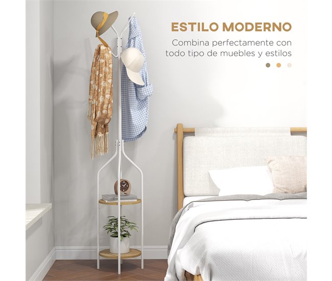 Conforama HOMCOM Perchero De Pie Con 2 Estantes Perchero Metálico De Pie Con 8 Ganchos Para Colgar Bolsas Ropa Forma De Árbol Para Pasillo Entrada Dormitorio Ø34x181 Cm Blanco