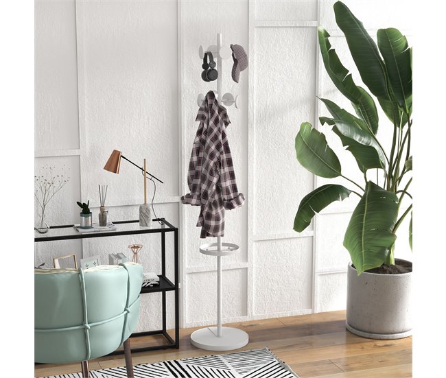 Conforama HOMCOM Perchero De Pie Con Paragüero Perchero De Pie Para Ropa De Metal Con 12 Ganchos Para Colgar Bolsas Paraguas Forma De Árbol Para Pasillo Entrada Dormitorio Ø34x177 Cm Blanco