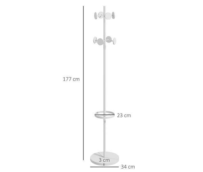 Conforama HOMCOM Perchero De Pie Con Paragüero Perchero De Pie Para Ropa De Metal Con 12 Ganchos Para Colgar Bolsas Paraguas Forma De Árbol Para Pasillo Entrada Dormitorio Ø34x177 Cm Blanco