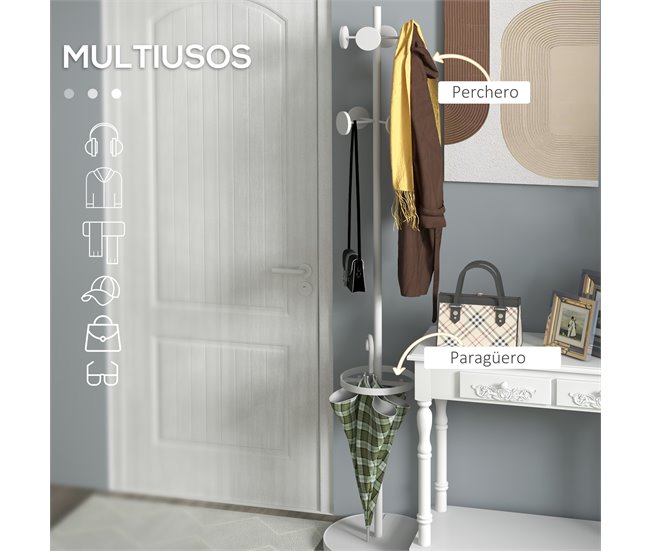 Conforama HOMCOM Perchero De Pie Con Paragüero Perchero De Pie Para Ropa De Metal Con 12 Ganchos Para Colgar Bolsas Paraguas Forma De Árbol Para Pasillo Entrada Dormitorio Ø34x177 Cm Blanco