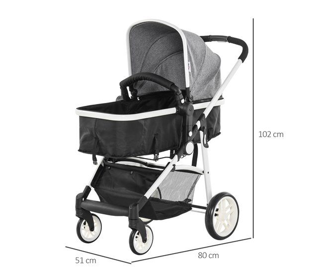 Conforama HOMCOM Silla De Paseo 2 En 1 Cochecito De Bebé Y Capazo Para Niños De 0-36 Meses Con Capota Plegable Respaldo Reclinable Cesta Grande Palanca De Freno Carga 15kg 80x51x102 Cm Gris
