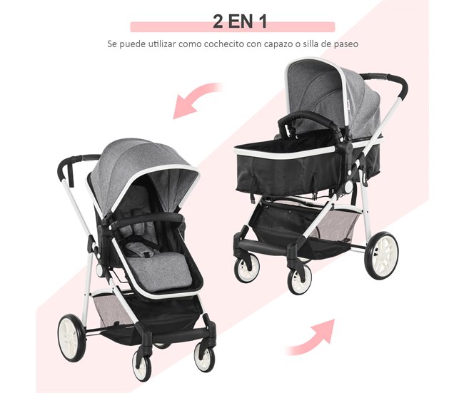 Conforama HOMCOM Silla De Paseo 2 En 1 Cochecito De Bebé Y Capazo Para Niños De 0-36 Meses Con Capota Plegable Respaldo Reclinable Cesta Grande Palanca De Freno Carga 15kg 80x51x102 Cm Gris