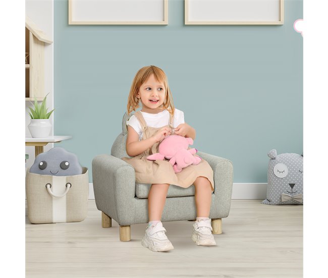 Conforama HOMCOM Sillón Infantil Mini Sofá Para Niños De +3 Años Con Asiento Acolchado Reposabrazos Bolsillo De Almacenamiento Y Estructura De Madera Carga 45 Kg 61x42x53 Cm Gris