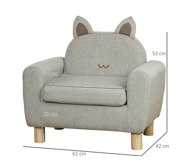 Conforama HOMCOM Sillón Infantil Mini Sofá Para Niños De +3 Años Con Asiento Acolchado Reposabrazos Bolsillo De Almacenamiento Y Estructura De Madera Carga 45 Kg 61x42x53 Cm Gris