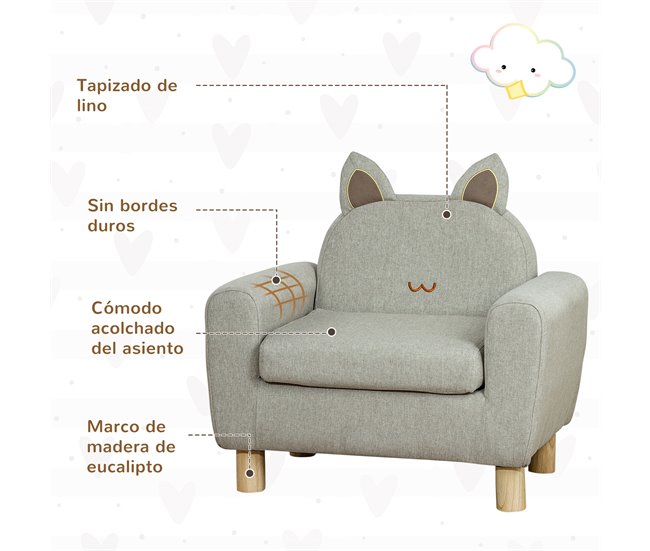 Conforama HOMCOM Sillón Infantil Mini Sofá Para Niños De +3 Años Con Asiento Acolchado Reposabrazos Bolsillo De Almacenamiento Y Estructura De Madera Carga 45 Kg 61x42x53 Cm Gris