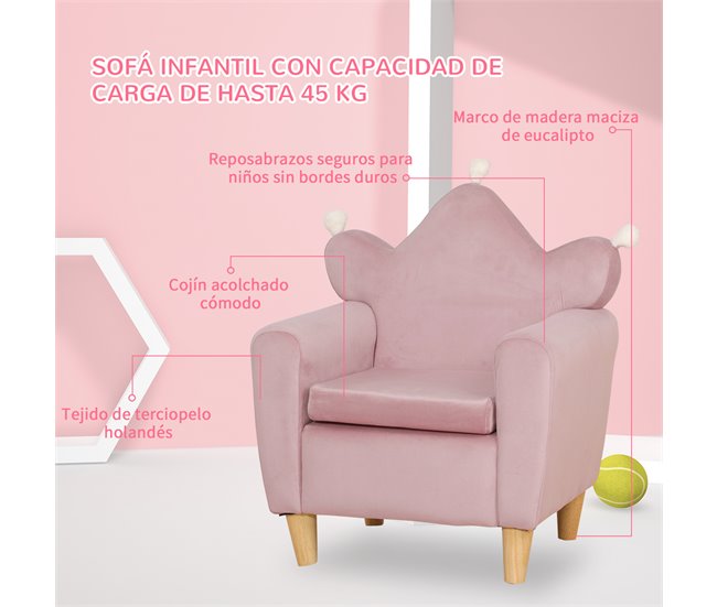 Conforama HOMCOM Sillón Infantil Mini Sofá Para Niños De +3 Años Con Asiento Acolchado Reposabrazos Y Estructura De Madera Carga Máx. De 45 Kg 50x42x58 Cm Rosa