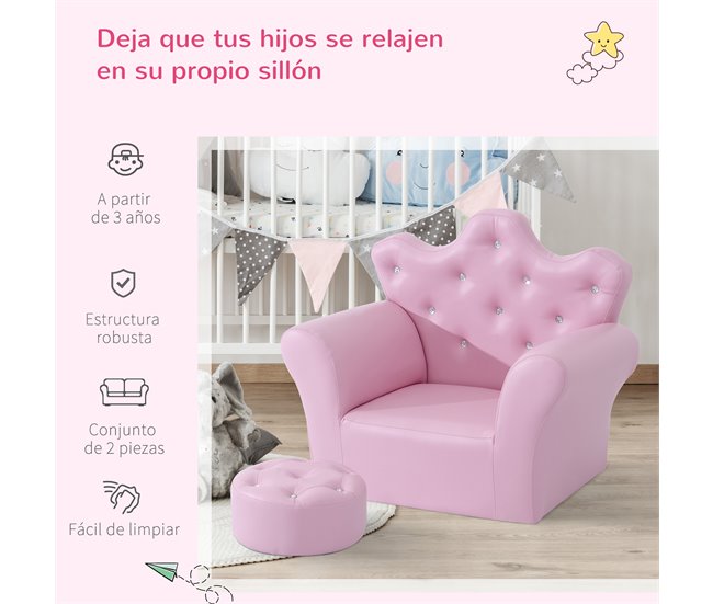 Conforama HOMCOM Sofá Para Niños Con Reposapiés Sillón Infantil Decorativo Con Respaldo Alto En Forma De Corona Y Reposabrazos Acolchado 58x40 5x49 Cm Rosa