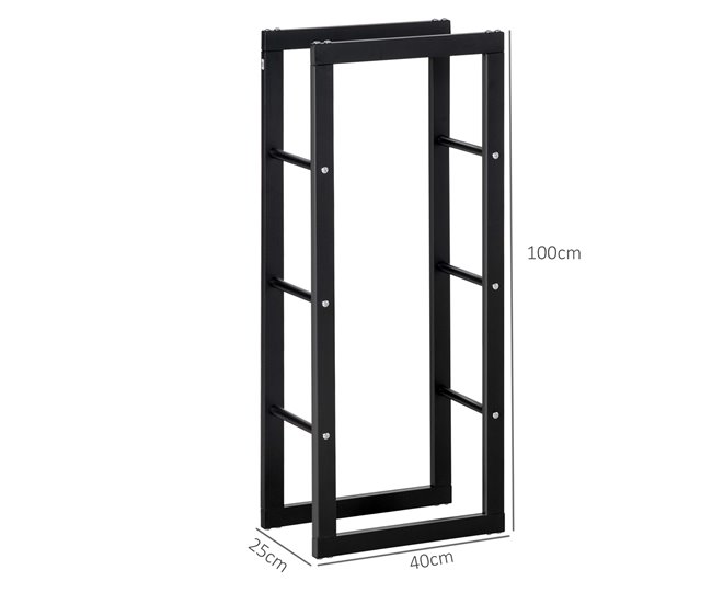 Conforama HOMCOM Soporte Para Leña Estante De Leña Metálico Leñero De Exterior De Metal Para Interior Y Exterior Carga 100 Kg 40x25x100 Cm Negro