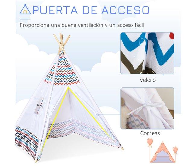 Conforama HOMCOM Tienda De Campaña Para Niños De +3 Años Tipi Infantil De Madera Portátil Con Ventana Para Interiores Y Exteriores 120x120x155 Cm Blanco