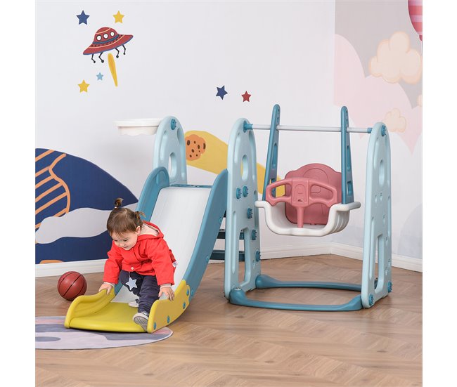 Conforama HOMCOM Tobogán Infantil Con Columpio Y Canasta Baloncesto 3 En 1 Para Niños De +18 Meses Con Asiento Ajustable Centro De Actividades Para Interior Y Exterior 150x190x100 Cm Multicolor