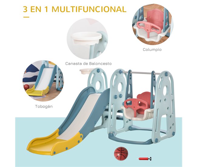 Conforama HOMCOM Tobogán Infantil Con Columpio Y Canasta Baloncesto 3 En 1 Para Niños De +18 Meses Con Asiento Ajustable Centro De Actividades Para Interior Y Exterior 150x190x100 Cm Multicolor