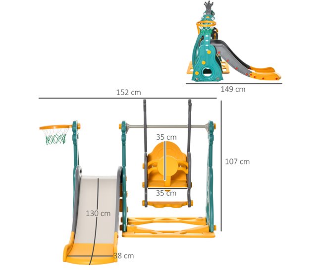 Conforama HOMCOM Tobogán Infantil Con Columpio Y Canasta De Baloncesto 3 En 1 Para 18-36 Meses Con Asiento Ajustable Parque Infantil Para Interior Y Exterior 152x149x107 Cm Multicolor