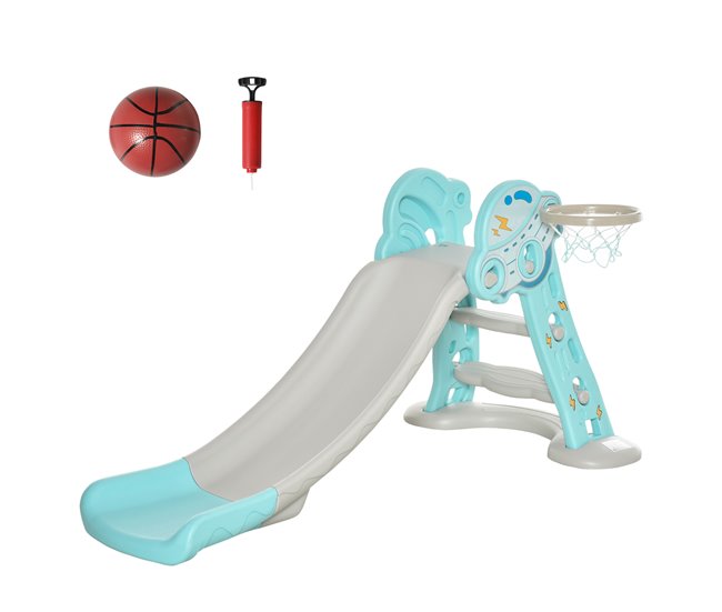 Conforama HOMCOM Tobogán para Niños +18 Meses Plegable 2 en 1 con Canasta de Baloncesto Modelo Jirafa Juguete Infantil para Interiores y Exteriores 140x87x75 cm Azul y Gris