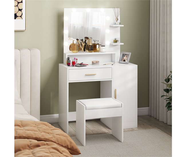 Conforama HOMCOM Tocador De Maquillaje Con Taburete Mesa De Maquillaje Con Espejo LED Cajones Estante Ajustable Y Estantes Abiertos Para Dormitorio Sala De Estar Blanco
