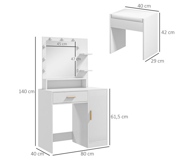 Conforama HOMCOM Tocador De Maquillaje Con Taburete Mesa De Maquillaje Con Espejo LED Cajones Estante Ajustable Y Estantes Abiertos Para Dormitorio Sala De Estar Blanco