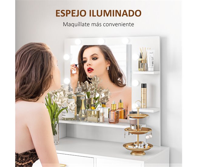 Conforama HOMCOM Tocador De Maquillaje Con Taburete Mesa De Maquillaje Con Espejo LED Cajones Estante Ajustable Y Estantes Abiertos Para Dormitorio Sala De Estar Blanco