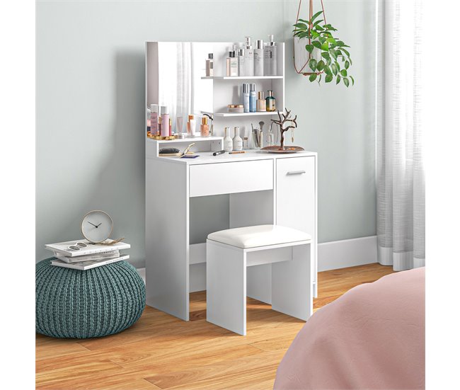 Conforama HOMCOM Tocador De Maquillaje Con Taburete Mesa De Maquillaje Con Espejo Estantes Abiertos Cajón Y Estante Ajustable Anti-vuelco Para Dormitorio Salón Blanco