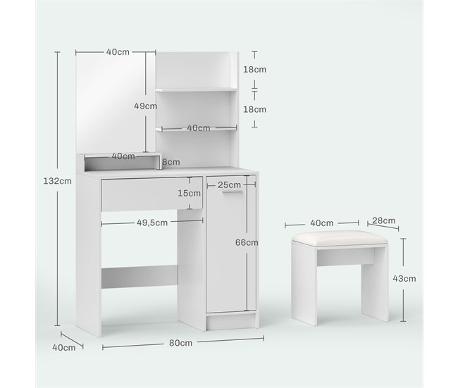 Conforama HOMCOM Tocador De Maquillaje Con Taburete Mesa De Maquillaje Con Espejo Estantes Abiertos Cajón Y Estante Ajustable Anti-vuelco Para Dormitorio Salón Blanco