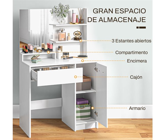 Conforama HOMCOM Tocador De Maquillaje Con Taburete Mesa De Maquillaje Con Espejo Estantes Abiertos Cajón Y Estante Ajustable Anti-vuelco Para Dormitorio Salón Blanco