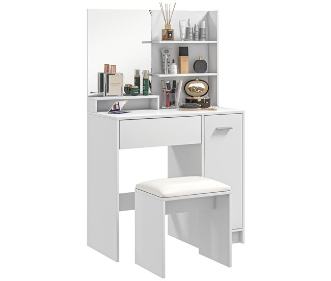Conforama HOMCOM Tocador de Maquillaje con Taburete Mesa de Maquillaje con Espejo Estantes Abiertos Cajón y Estante Ajustable Anti-vuelco para Dormitorio Salón Blanco