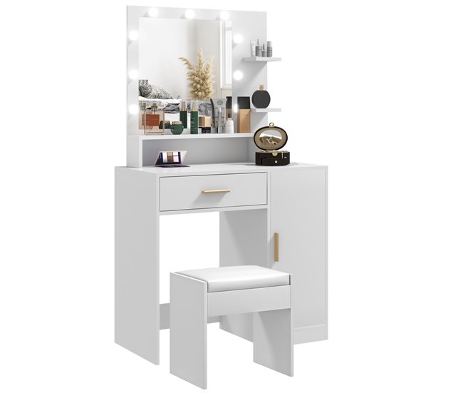 Conforama HOMCOM Tocador de Maquillaje con Taburete Mesa de Maquillaje con Espejo LED Cajones Estante Ajustable y Estantes Abiertos para Dormitorio Sala de Estar Blanco