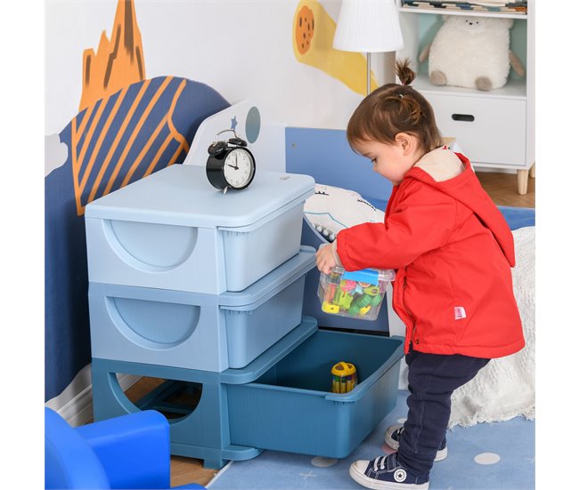 Conforama HOMCOM Torre De Almacenamiento Infantil Con 3 Cajones Organizador De Juguetes Para Niños +3 Años Gran Almacenaje Con Asas Para Juguetes Ropa Libros 37x37x56 5 Cm Azul