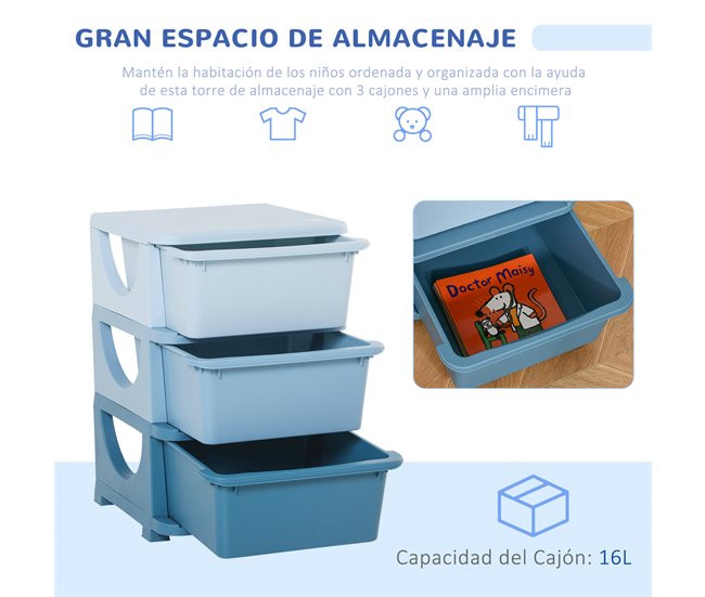Conforama HOMCOM Torre De Almacenamiento Infantil Con 3 Cajones Organizador De Juguetes Para Niños +3 Años Gran Almacenaje Con Asas Para Juguetes Ropa Libros 37x37x56 5 Cm Azul