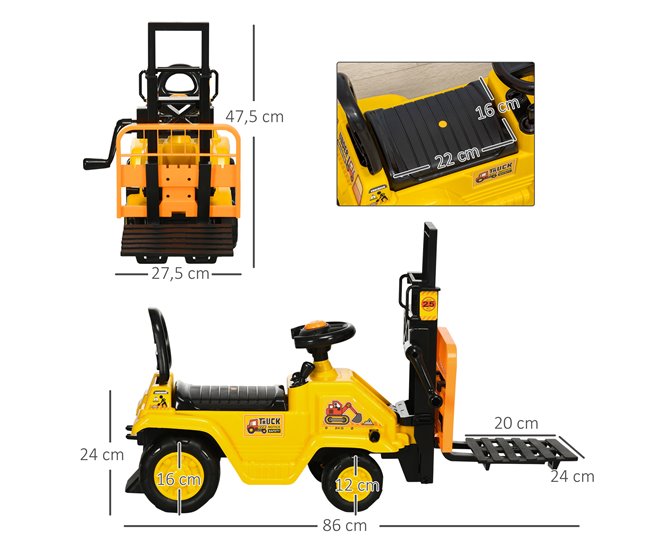 Conforama HOMCOM Tractor Sin Pedales Para Niños De +3 Años Carretilla Elevadora De Juguete Con Horquilla Móvil Bocina Y Asiento De Alamcenaje Oculto Carga 30 Kg 86x27 5x47 5 Cm Amarillo