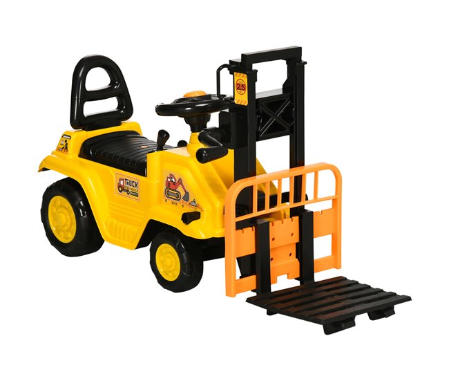 Conforama HOMCOM Tractor sin Pedales para Niños de +3 Años Carretilla Elevadora de Juguete con Horquilla Móvil Bocina y Asiento de Alamcenaje Oculto Carga 30 kg 86x27 5x47 5 cm Amarillo