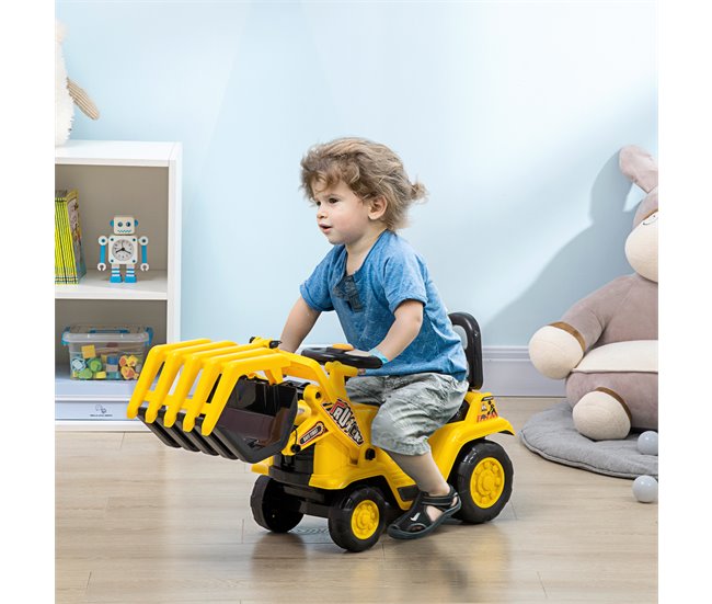 Conforama HOMCOM Tractor Sin Pedales Para Niños De +3 Años Excavadora Correpasillos Con Pala Móvil Asiento De Almacenamiento Oculto Y Bocina Carga 30 Kg 83x27x39 Cm Amarillo