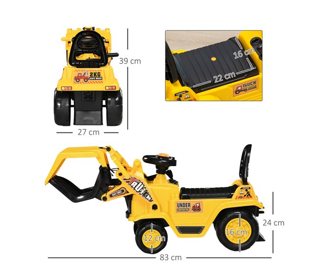 Conforama HOMCOM Tractor Sin Pedales Para Niños De +3 Años Excavadora Correpasillos Con Pala Móvil Asiento De Almacenamiento Oculto Y Bocina Carga 30 Kg 83x27x39 Cm Amarillo