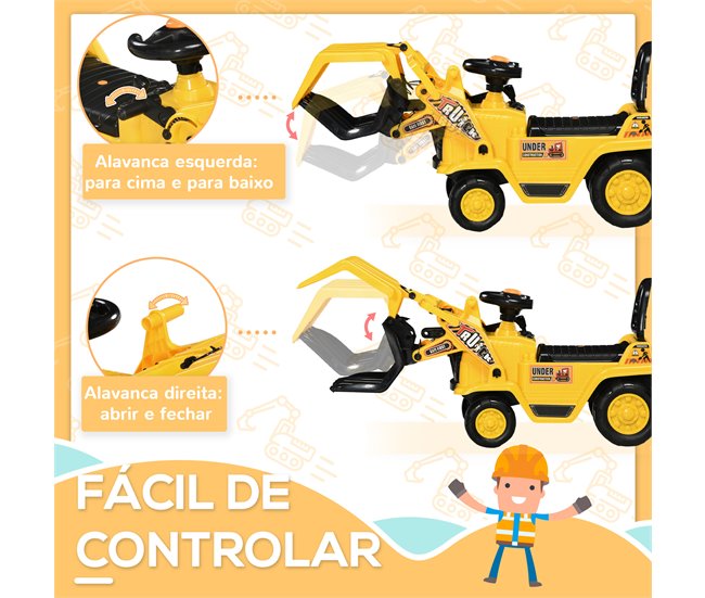 Conforama HOMCOM Tractor Sin Pedales Para Niños De +3 Años Excavadora Correpasillos Con Pala Móvil Asiento De Almacenamiento Oculto Y Bocina Carga 30 Kg 83x27x39 Cm Amarillo