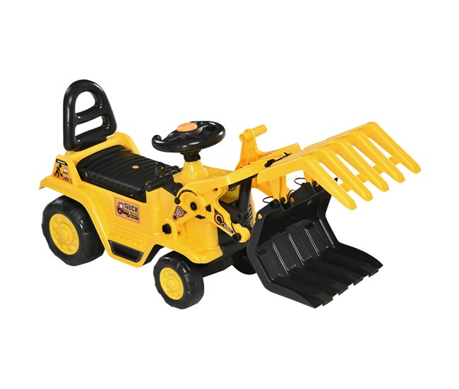 Conforama HOMCOM Tractor sin Pedales para Niños de +3 Años Excavadora Correpasillos con Pala Móvil Asiento de Almacenamiento Oculto y Bocina Carga 30 kg 83x27x39 cm Amarillo