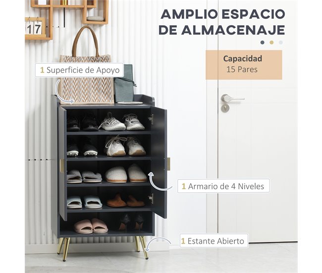 Conforama HOMCOM Zapatero Estrecho Con 2 Puertas Mueble Zapatero Con Estante Abierto Y Estantes Ajustables Para 15 Pares De Zapatos Para Pasillo Entrada 60x33x100 Cm Gris