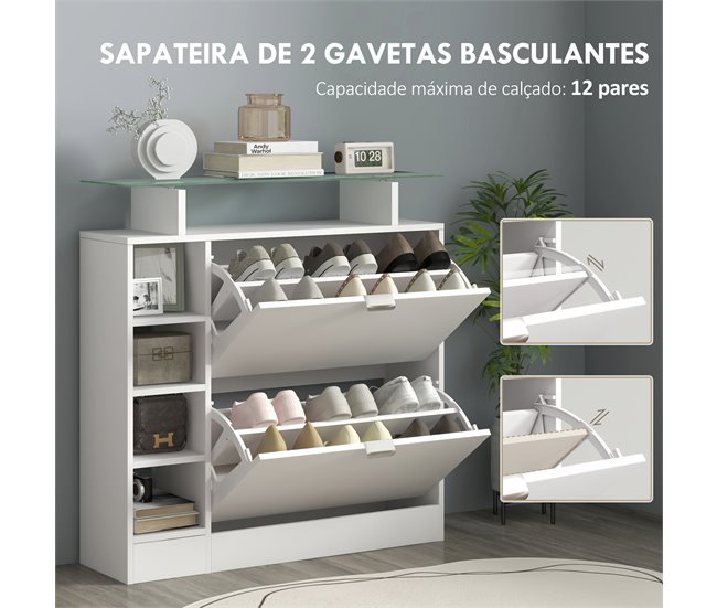 Conforama HOMCOM Zapatero Moderno Zapatero De Entrada Recibidor Con Cajones Abatibles Estantes Ajustables Y Estantes Abiertos Para 12 Pares De Zapatos Zapatero Estrecho Para Pasillo 89x25x92 Cm Blanco