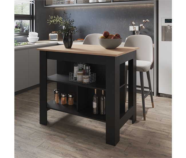 Conforama Isla De Cocina Cala En Melamina Con 3 Estantes Rovere / Negro 90 Cm X 103 Cm X 70 Cm