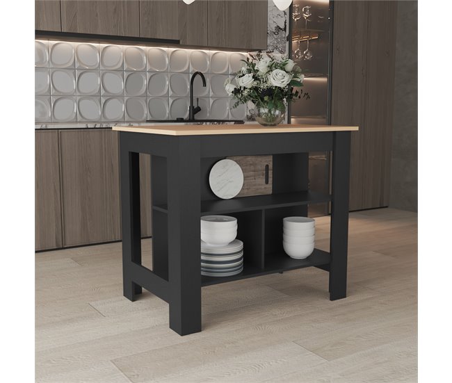 Conforama Isla De Cocina Cala En Melamina Con 3 Estantes Rovere / Negro 90 Cm X 103 Cm X 70 Cm