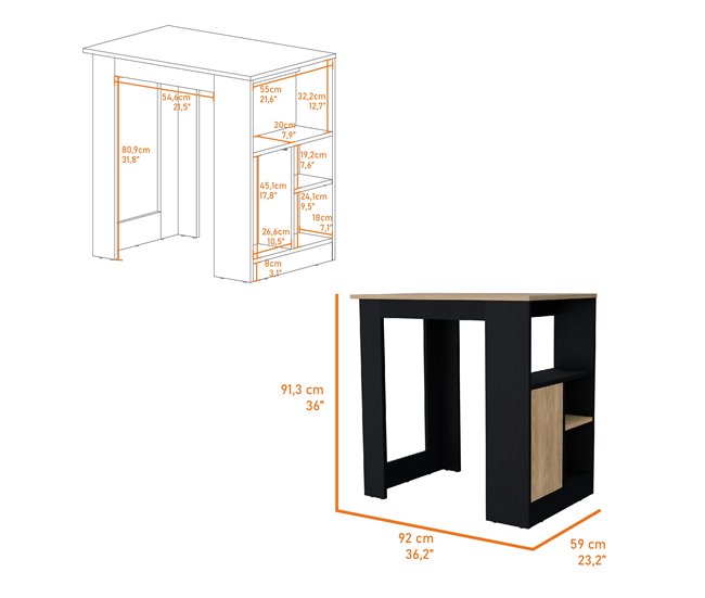 Conforama Isla De Cocina Stirling En Melamina Con 3 Estantes Y Puerta De Almacenamiento Inferior Negro / Beige 91.3 Cm X 92 Cm X 59 Cm