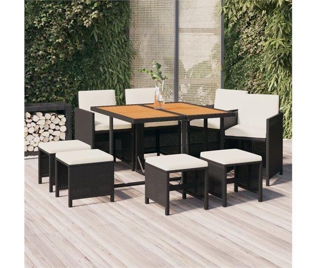 Conforama Juego Comedor Jardín 9 Pzas Con Cojines Ratán Sintético Negro VidaXL