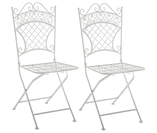 Conforama Juego de 2 sillas de terraza jardín plegable en hierro forjado blanco metal M10_000457
