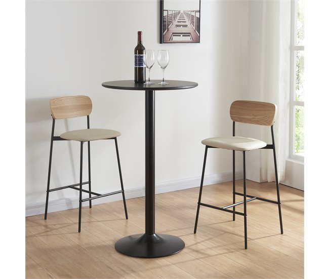 Conforama Juego De 2 Taburetes De Bar Jyväskylä Cuero Sintético Metal 89 X 40 X 45 Cm - Beige Negro Efecto Madera [en.casa]