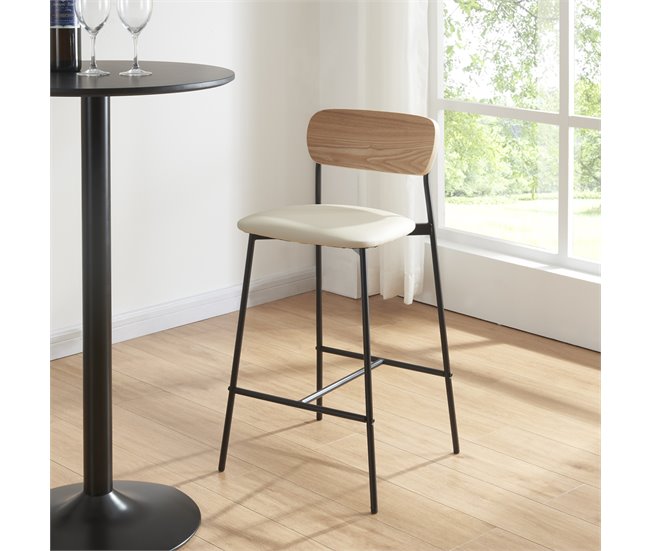 Conforama Juego De 2 Taburetes De Bar Jyväskylä Cuero Sintético Metal 89 X 40 X 45 Cm - Beige Negro Efecto Madera [en.casa]