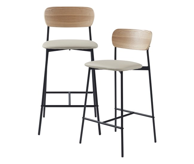 Conforama Juego de 2 taburetes de bar Jyväskylä cuero sintético metal 89 x 40 x 45 cm - Beige Negro Efecto Madera [en.casa]