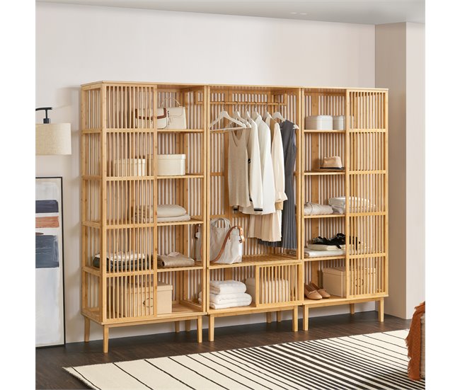 Conforama Juego De Guardarropa - 1x Perchero Burro Vemb Y 2x Estanterías Trundholm Bambú 185 X 240 X 45 Cm - Color Natural [en.casa]