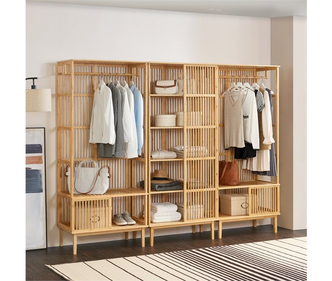 Conforama Juego De Guardarropa - 2x Percheros Burros Vemb Y 1x Estantería Trundholm Bambú 185 X 240 X 45 Cm - Color Natural [en.casa]