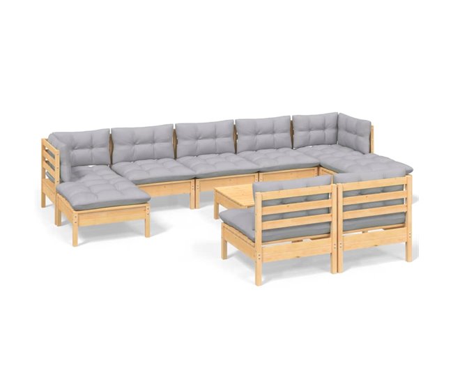 Conforama Juego de muebles de jardin 10 piezas y cojines madera pino gris