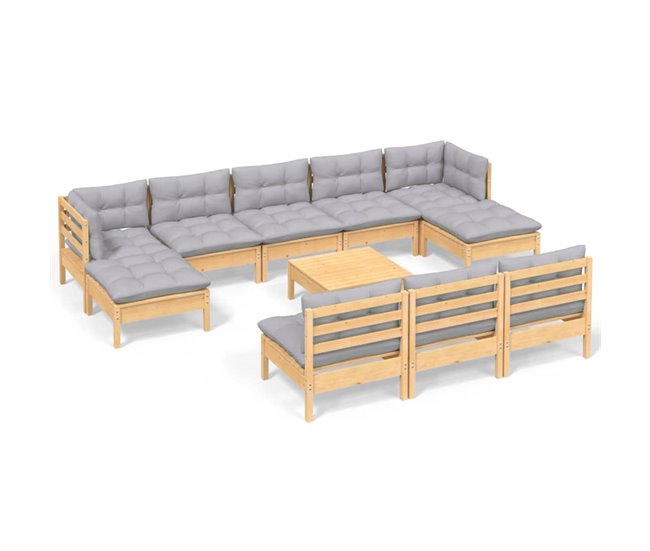 Conforama Juego de muebles de jardin 11 piezas y cojines madera pino gris