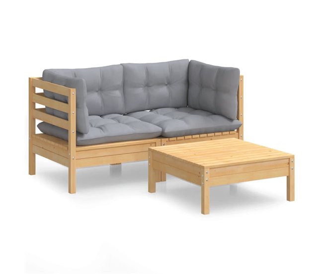 Conforama Juego de muebles de jardín 3 pzas y cojines madera de pino